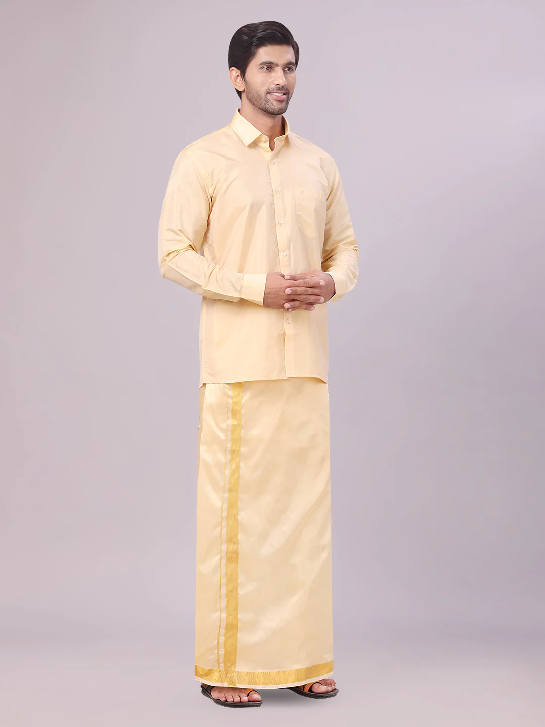 Men's Art Silk Medium Gold Full Sleeves Shirt with Gold Jari Border Dhoti & Towel Combo Blush - Image 4