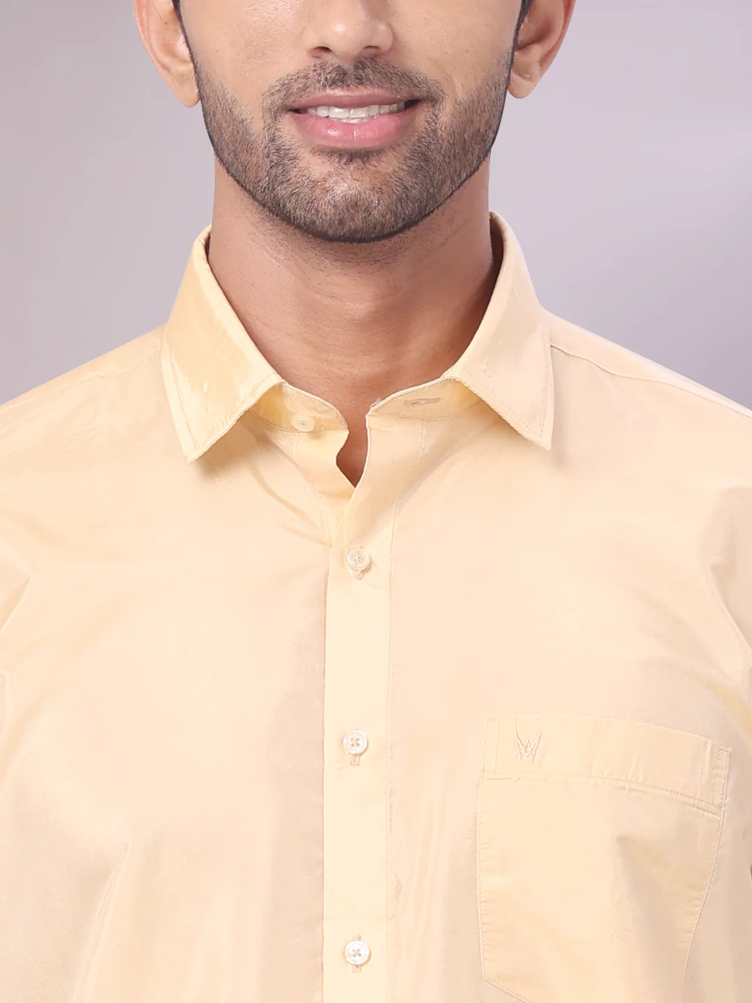 Men's Art Silk Medium Gold Full Sleeves Shirt with Gold Jari Border Dhoti & Towel Combo Blush - Image 6