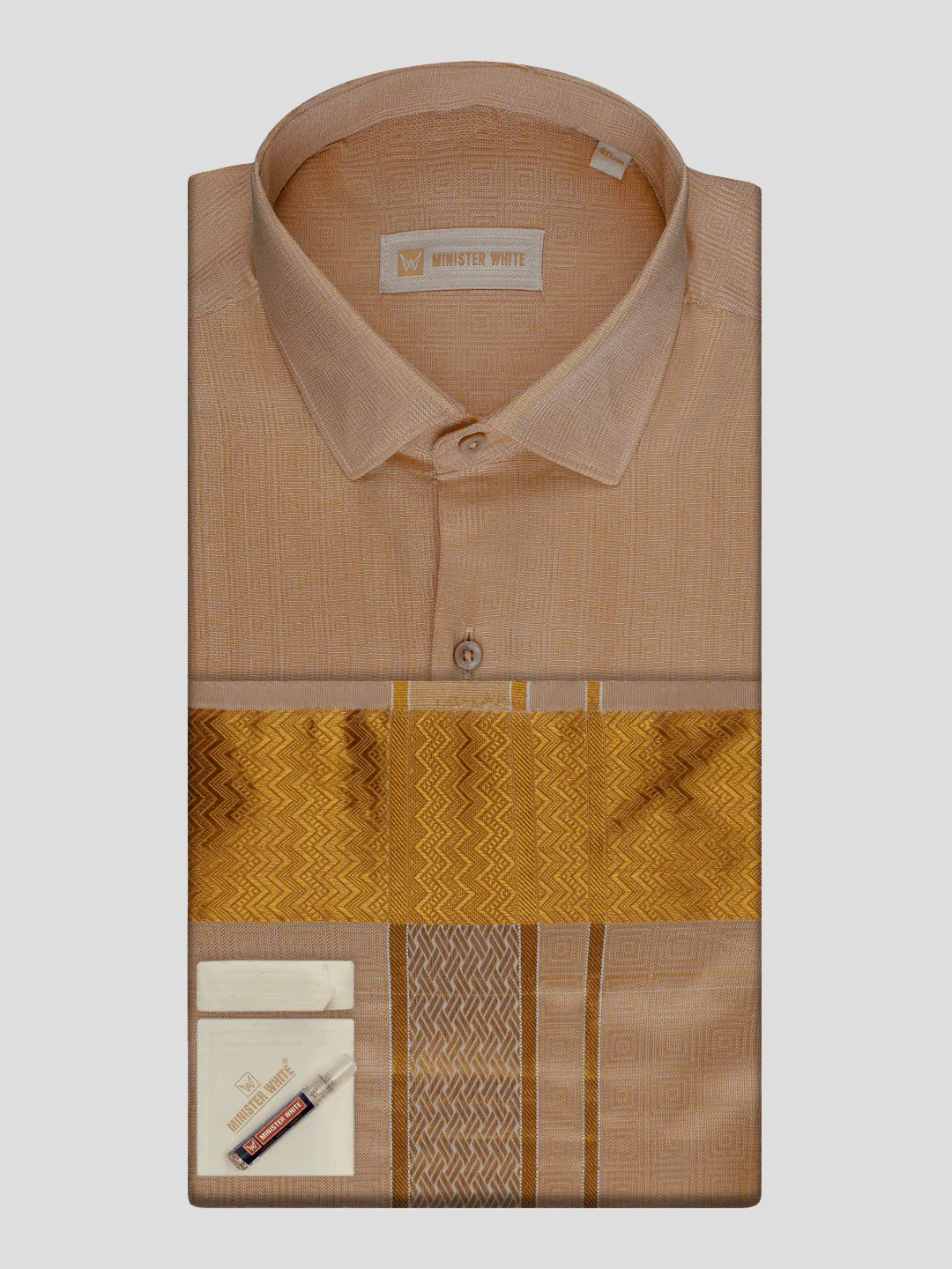 Men's Art Silk Biscuit Jacquard Full Sleeves Shirt with 2 1/2" Gold Jari Border Dhoti & Towel Combo Nautica - Image 2