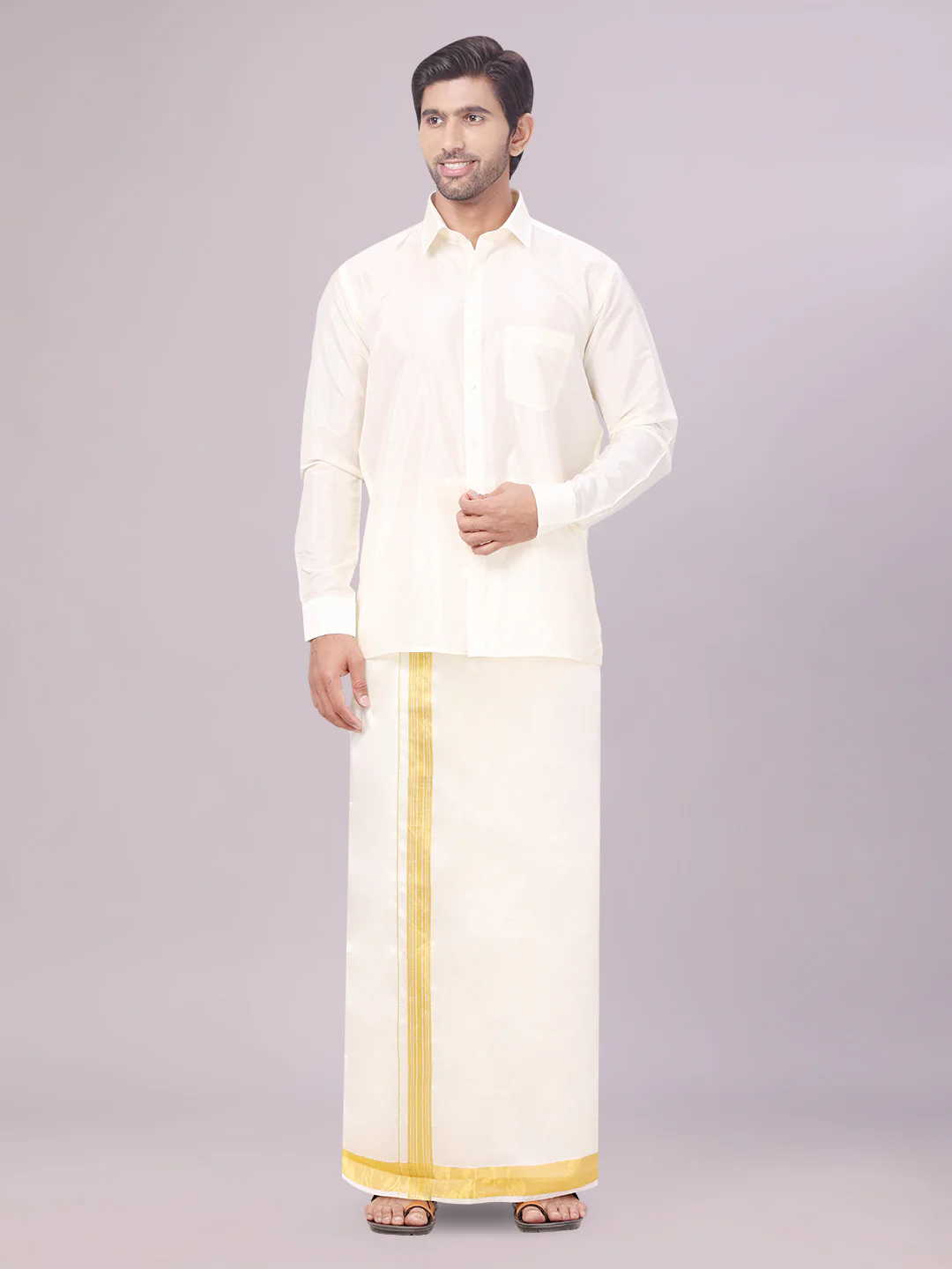 Men's Art Silk Cream Full Sleeves Shirt with 100k Gold Jari Border Dhoti Combo Finesse