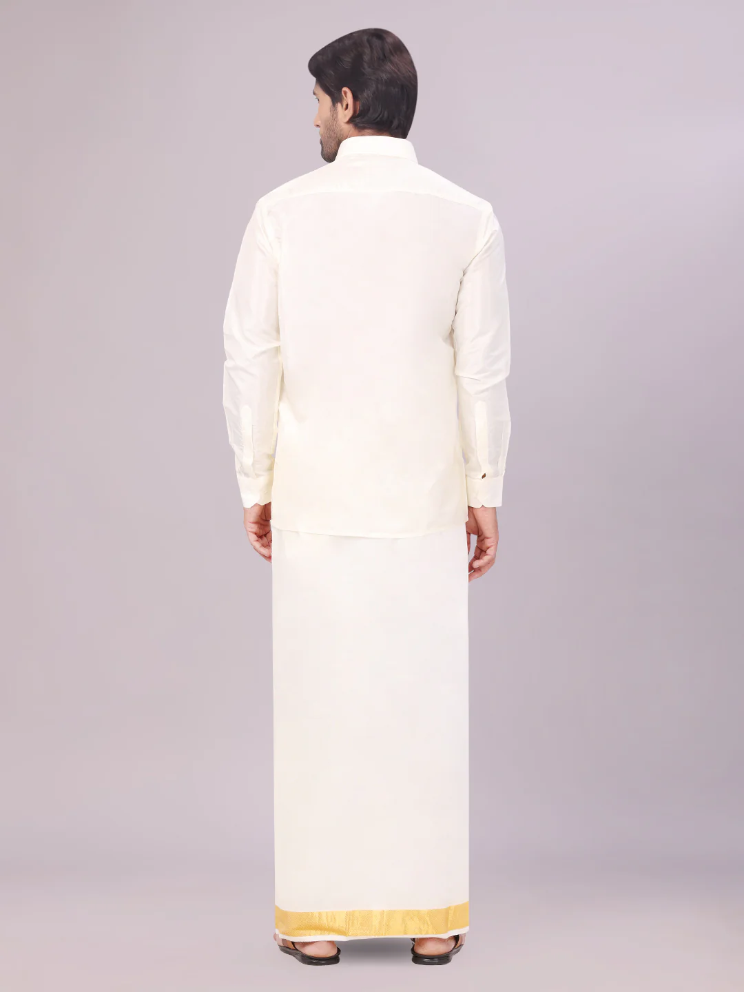 Men's Art Silk Cream Full Sleeves Shirt with 100K Gold Jari Border Dhoti & Towel Combo Blush - Image 5