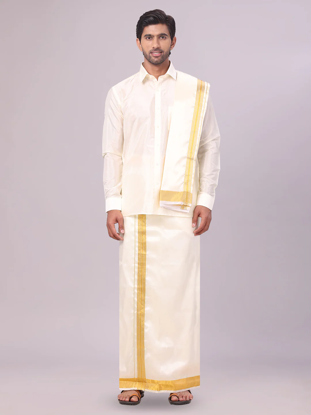 Men's Art Silk Cream Full Sleeves Shirt with 100K Gold Jari Border Flexi Dhoti & Towel Combo Blush