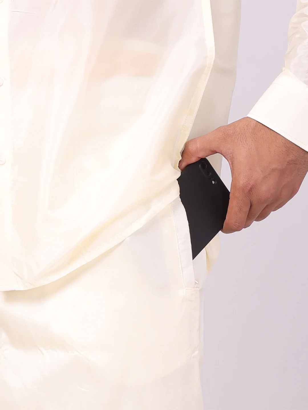 Men's Art Silk Cream Full Sleeves Shirt with 100K Gold Jari Border Flexi Dhoti & Towel Combo Blush - Image 3