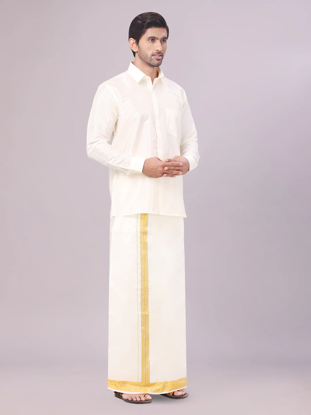 Men's Art Silk Cream Full Sleeves Shirt with 100K Gold Jari Border Flexi Dhoti & Towel Combo Blush - Image 5