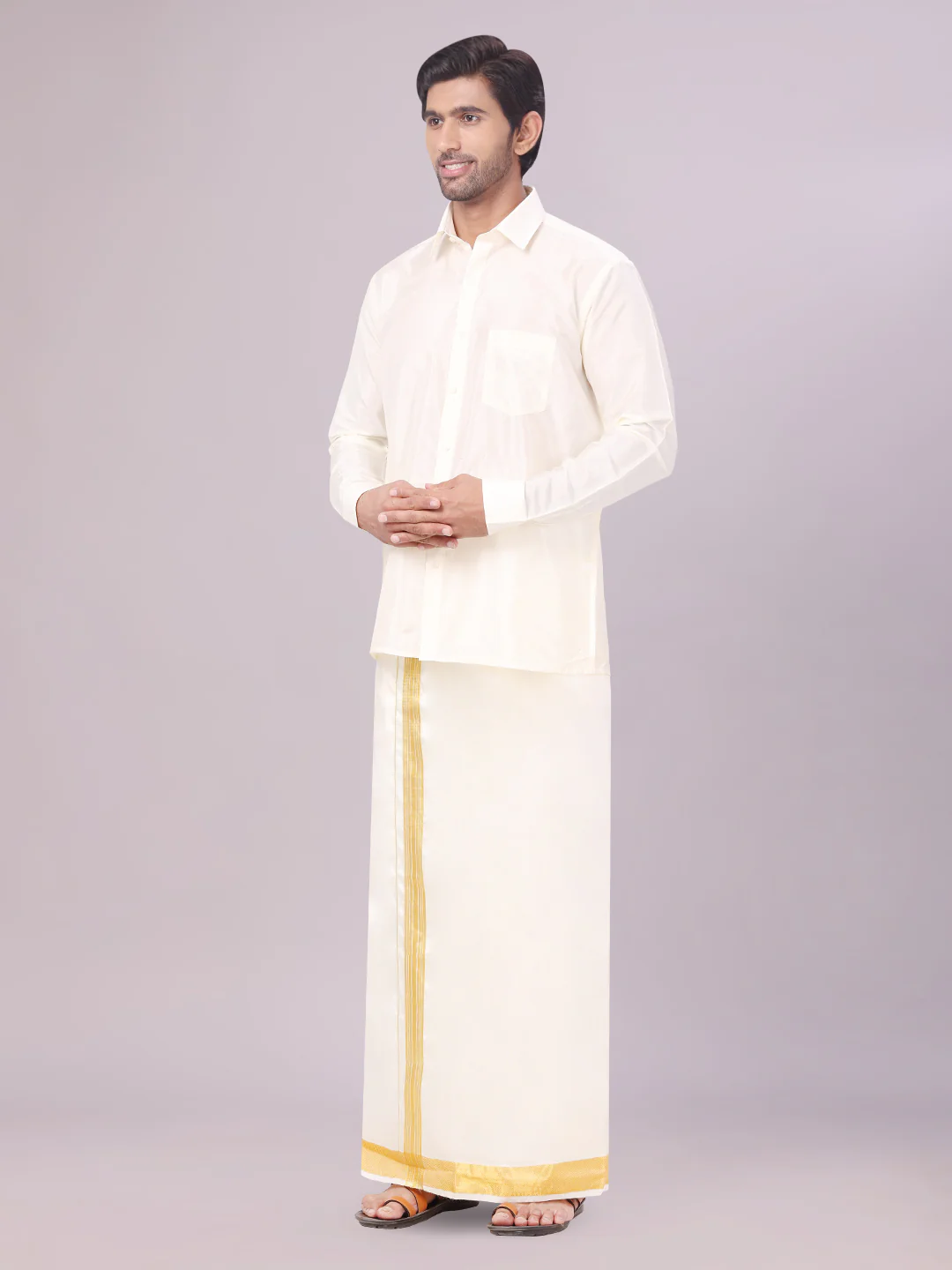 Men's Art Silk Cream Full Sleeves Shirt with 100K Gold Jari Border Flexi Dhoti & Towel Combo Blush - Image 6