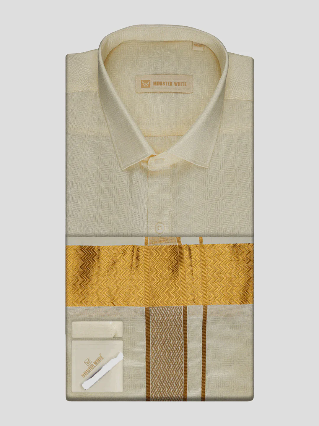 Men's Art Silk Cream Jacquard Full Sleeves Shirt with 2 1/2" Gold Jari Border Dhoti & Towel Combo Nautica - Image 2