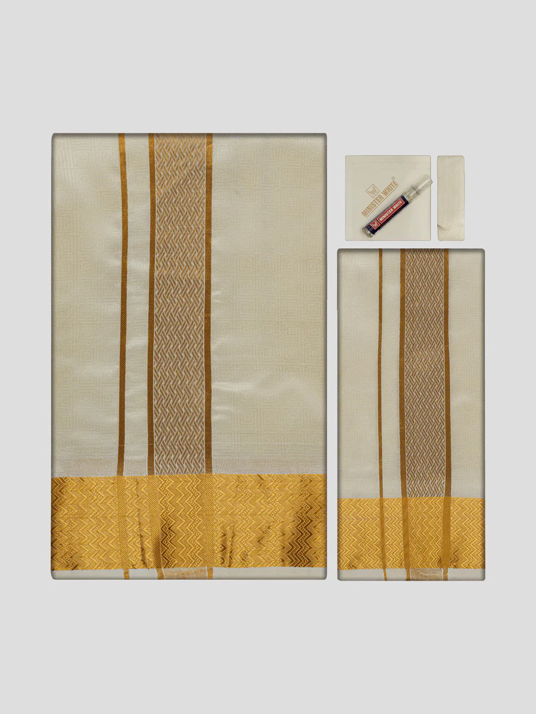 Men's Art Silk Cream Jacquard Full Sleeves Shirt with 2 1/2" Gold Jari Border Dhoti & Towel Combo Nautica - Image 3