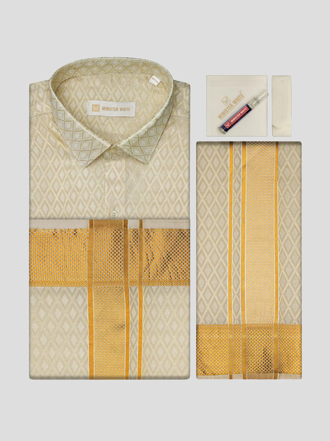 Men's Art Silk Cream Full Sleeves Shirt with 2 1/2" Gold Jari Border Dhoti & Towel Combo Spruce