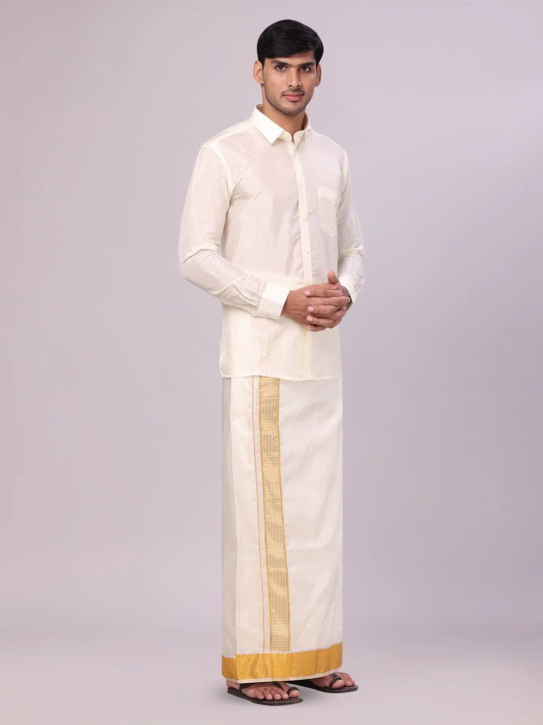Men's Art Silk Cream Full Sleeves Shirt with 3" Gold Jari Border Dhoti Combo Mangal - Image 2