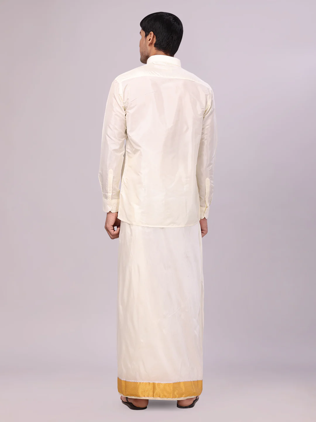 Men's Art Silk Cream Full Sleeves Shirt with 3" Gold Jari Border Dhoti Combo Mangal - Image 4