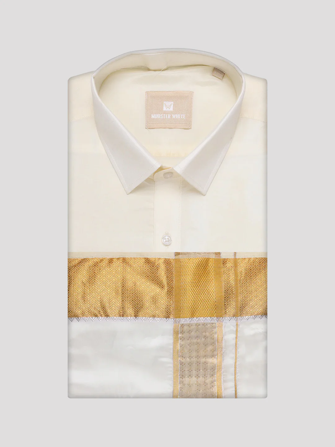 Men's Art Silk Cream Full Sleeves Shirt with 3" Gold Jari Border Dhoti Combo Mangal - Image 5