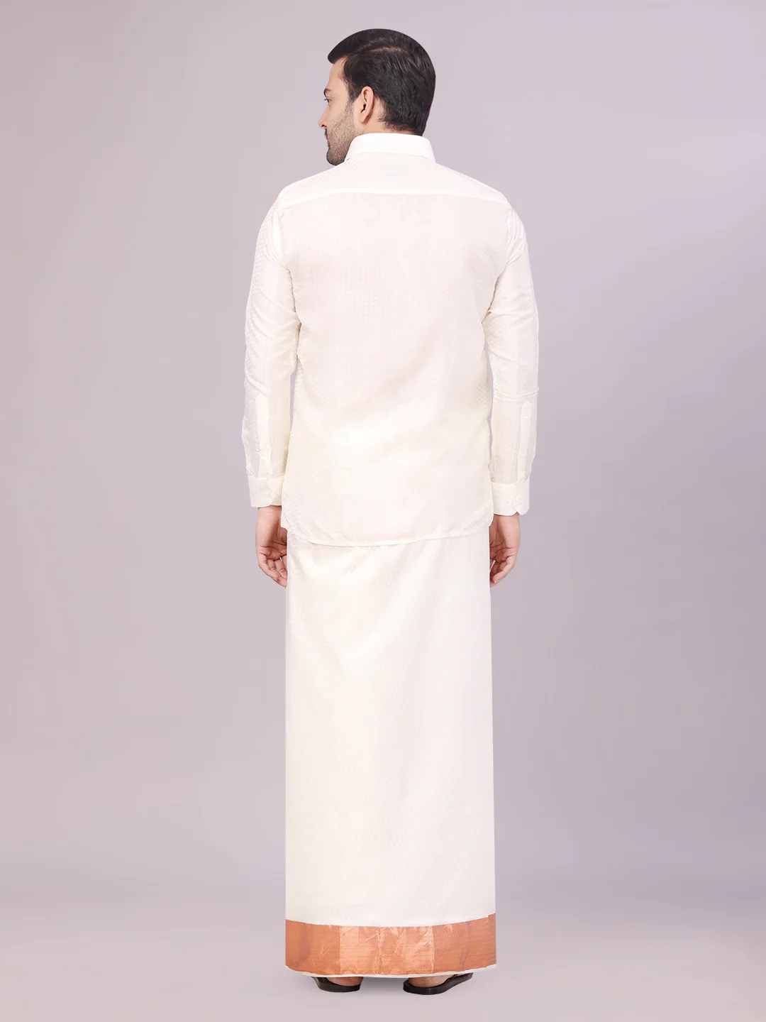 Men's Art Silk Cream Full Sleeves Shirt with 4" Copper Jari Border Dhoti Combo Nautica - Image 4