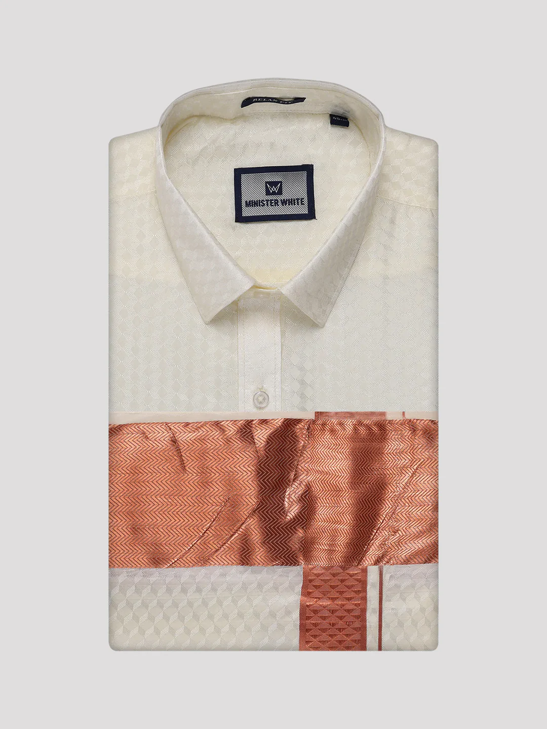 Men's Art Silk Cream Full Sleeves Shirt with 4" Copper Jari Border Dhoti Combo Nautica - Image 7