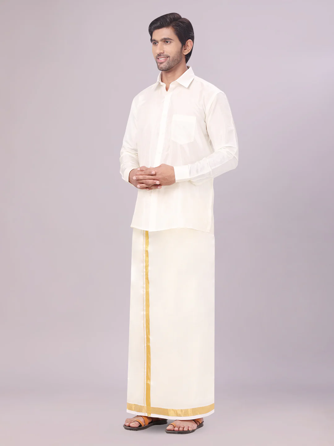 Men's Art Silk Cream Full Sleeves Shirt with 50K Gold Jari Border Dhoti & Towel Combo Blush - Image 3