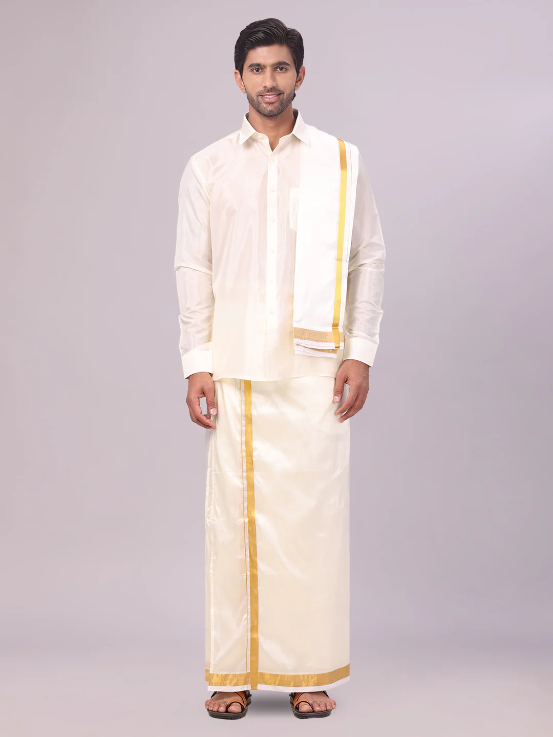 Men's Art Silk Cream Full Sleeves Shirt with 70K Gold Jari Border Dhoti & Towel Combo Blush