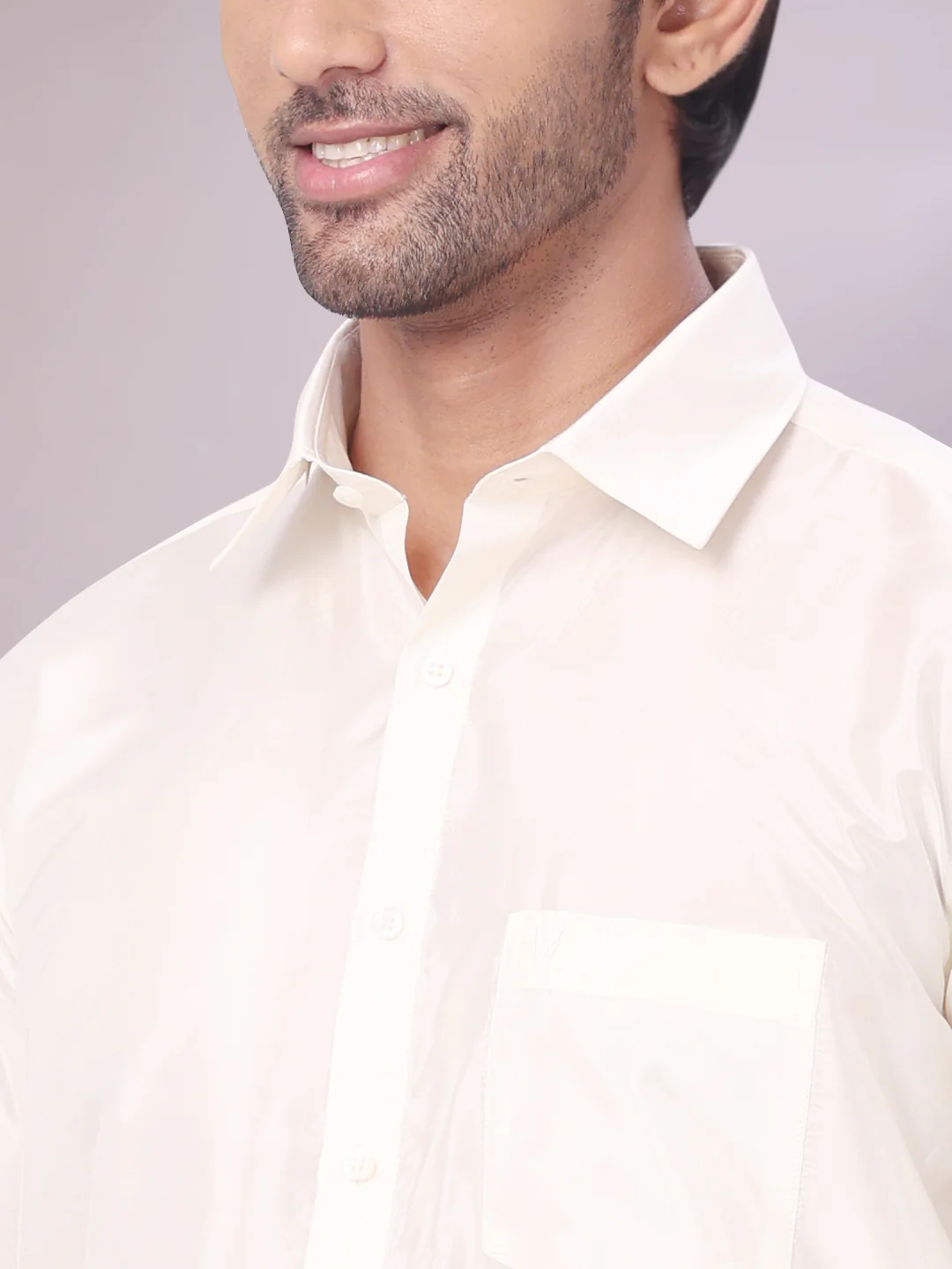 Men's Art Silk Cream Full Sleeves Shirt with 70K Gold Jari Border Dhoti & Towel Combo Blush - Image 6