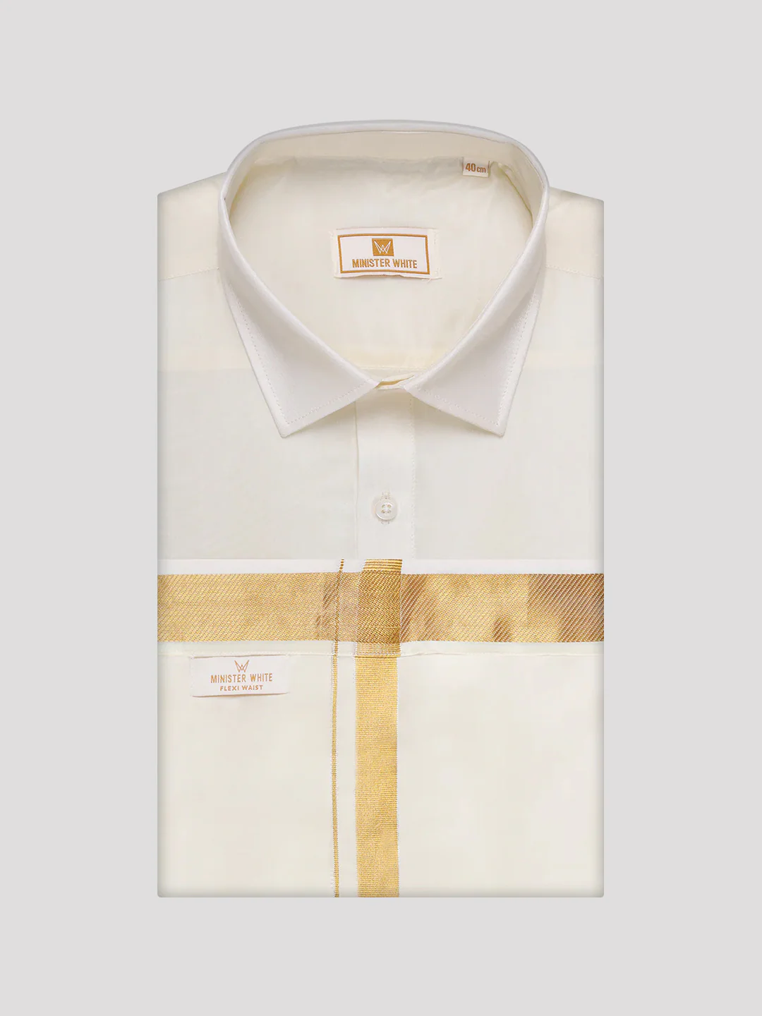 Men's Art Silk Cream Full Sleeves Shirt with 70k Gold Jari Border Flexi Dhoti Combo Finesse
