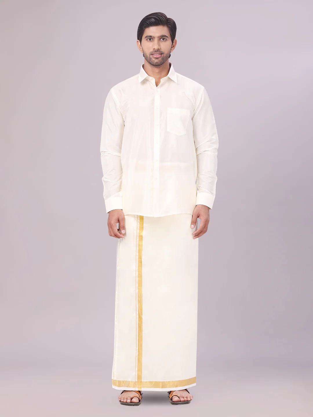 Men's Art Silk Cream Full Sleeves Shirt with 70K Gold Jari Border Flexi Dhoti & Towel Combo Blush - Image 2