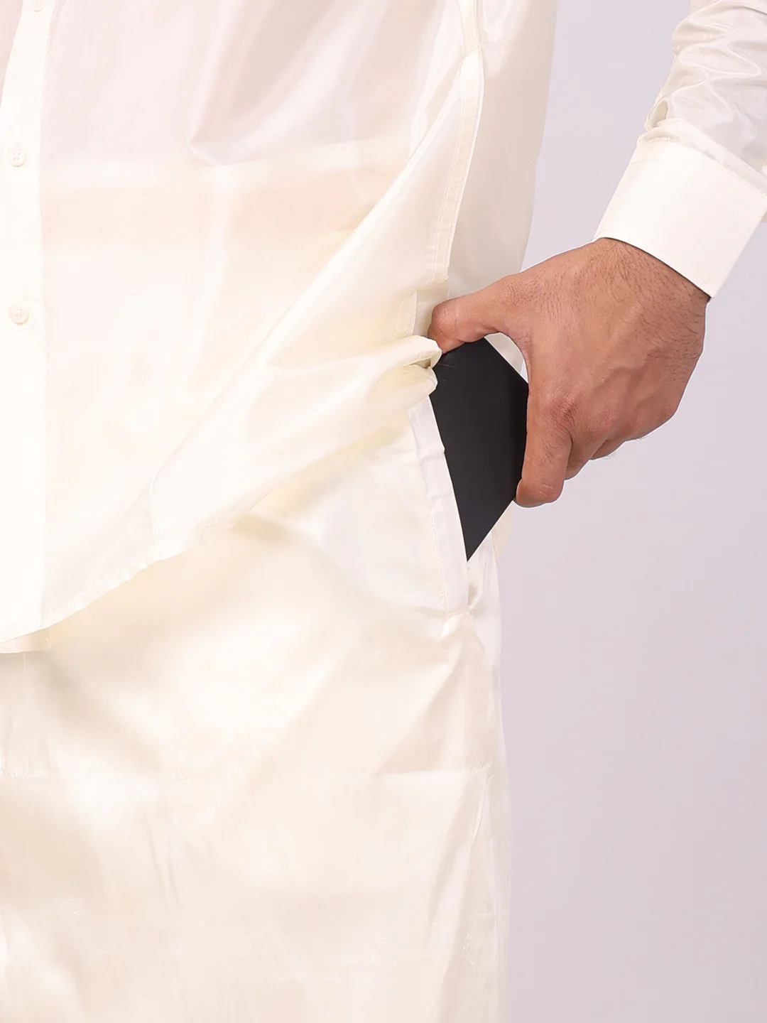 Men's Art Silk Cream Full Sleeves Shirt with 70K Gold Jari Border Flexi Dhoti & Towel Combo Blush - Image 3