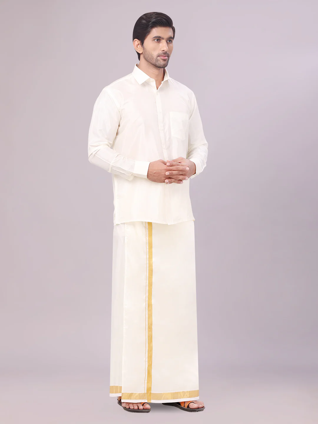 Men's Art Silk Cream Full Sleeves Shirt with 70K Gold Jari Border Flexi Dhoti & Towel Combo Blush - Image 4