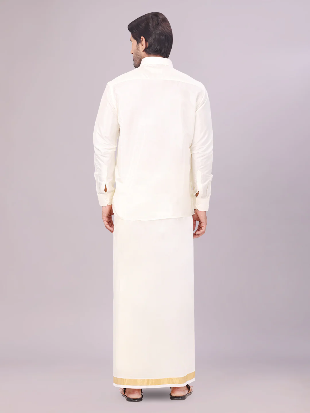 Men's Art Silk Cream Full Sleeves Shirt with 70K Gold Jari Border Flexi Dhoti & Towel Combo Blush - Image 6