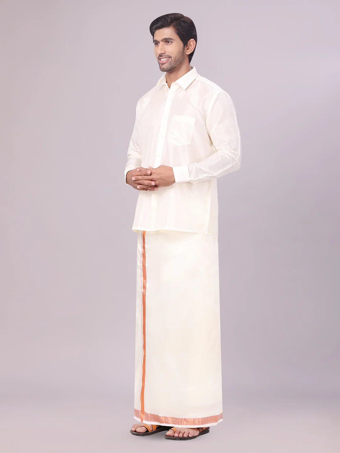 Men's Art Silk Cream Full Sleeves Shirt with Copper Jari Border Dhoti Combo Finesse - Image 2