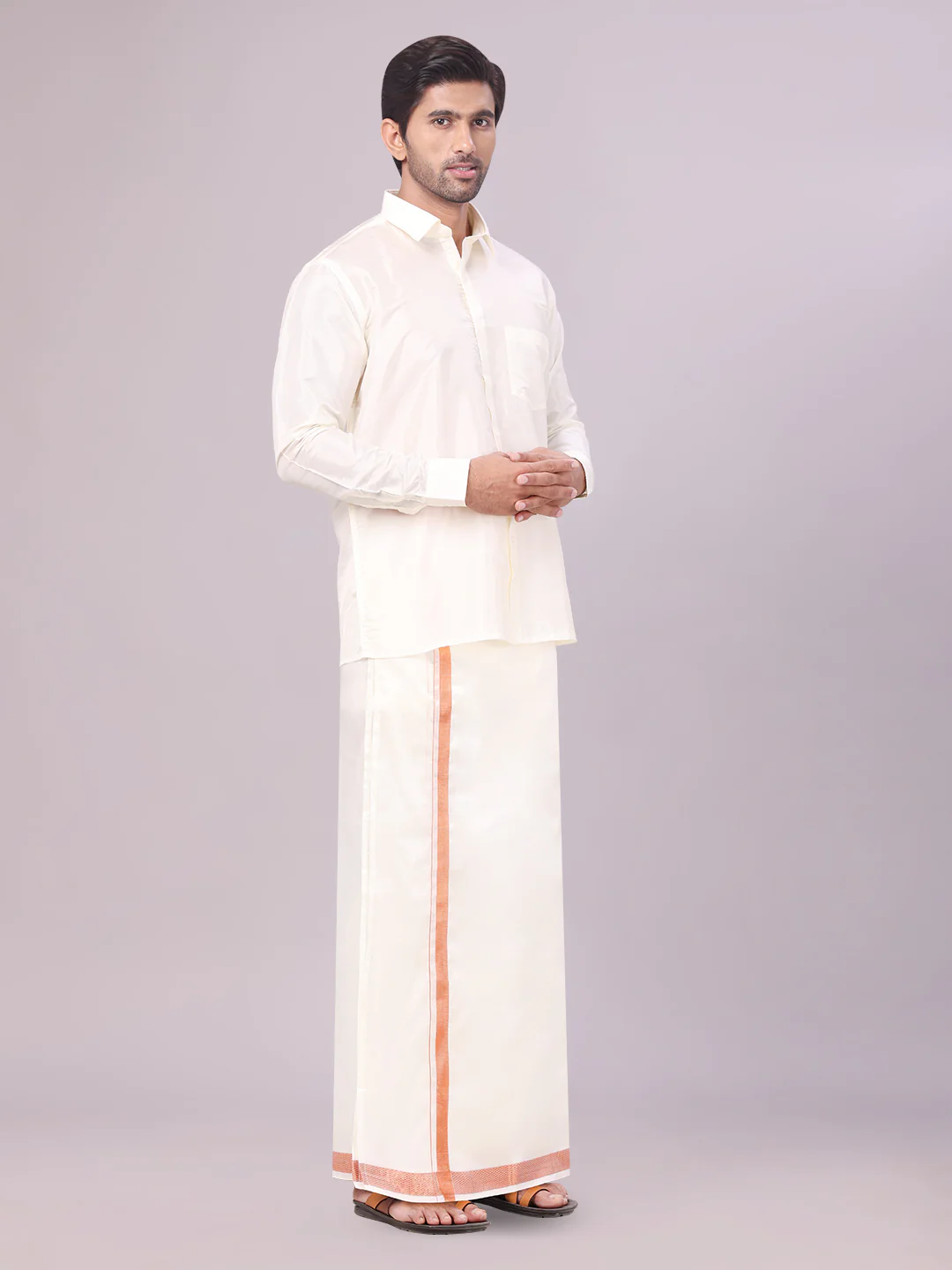 Men's Art Silk Cream Full Sleeves Shirt with Copper Jari Border Dhoti Combo Finesse - Image 3