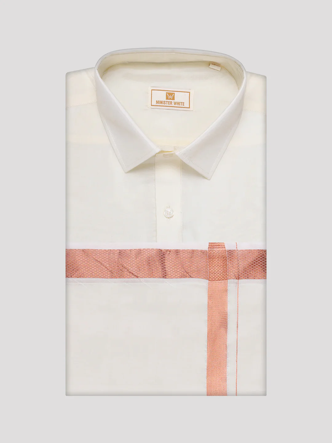 Men's Art Silk Cream Full Sleeves Shirt with Copper Jari Border Dhoti Combo Finesse - Image 7