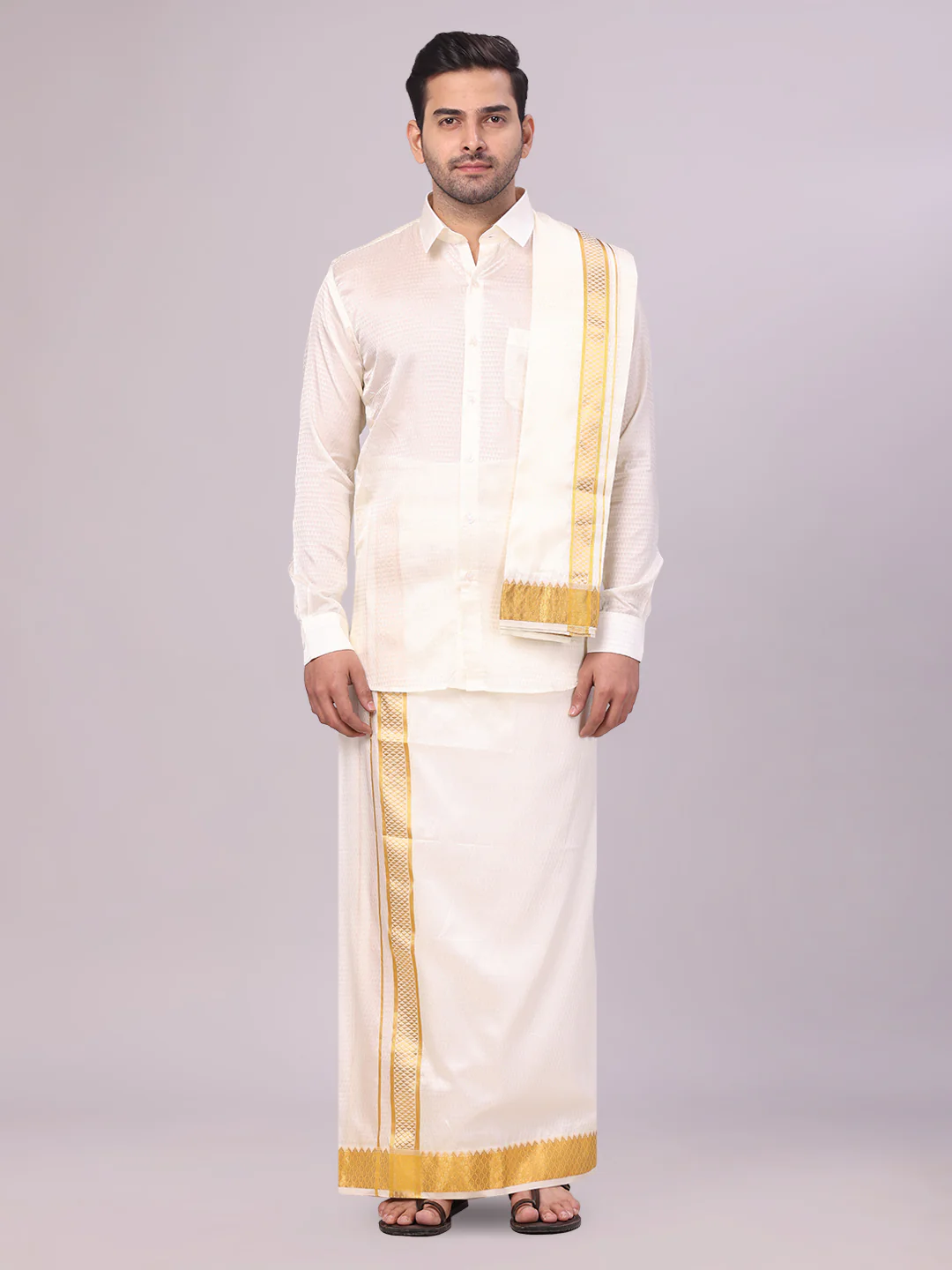 Men's Art Silk Cream Jacquard Full Sleeves Shirt with 2 1/2" Gold Jari Border Dhoti & Towel Combo Nautica