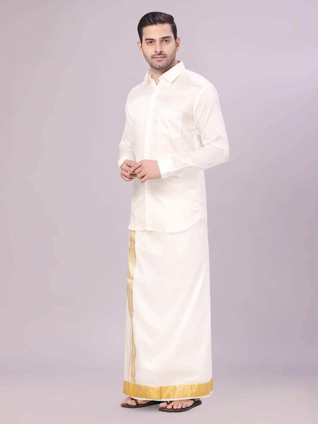 Men's Art Silk Cream Jacquard Full Sleeves Shirt with 2 1/2" Gold Jari Border Dhoti & Towel Combo Nautica - Image 3