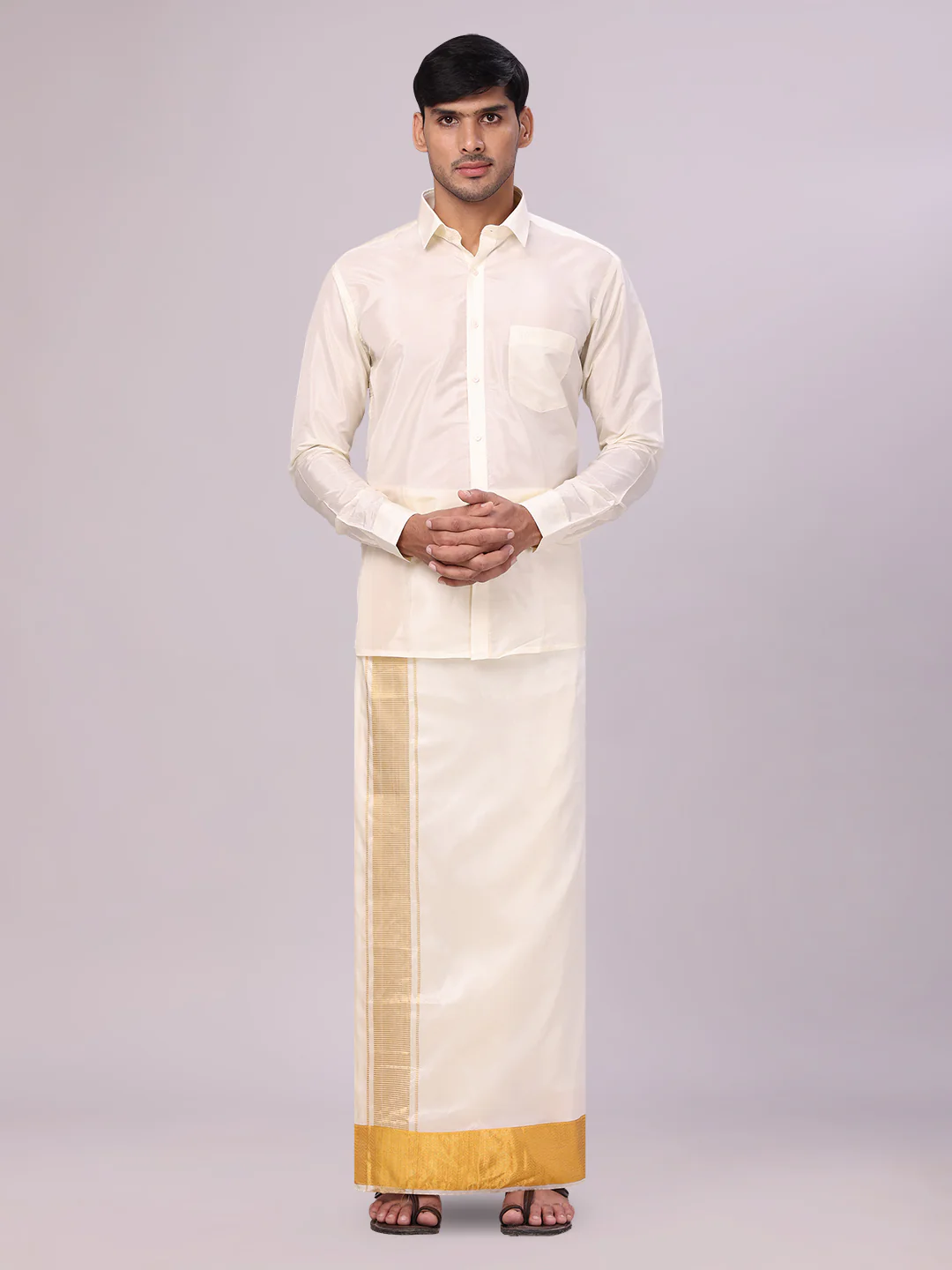 Men's Art Silk Cream Full Sleeves Shirt with 4" Gold Jari Border Dhoti Combo Mangal