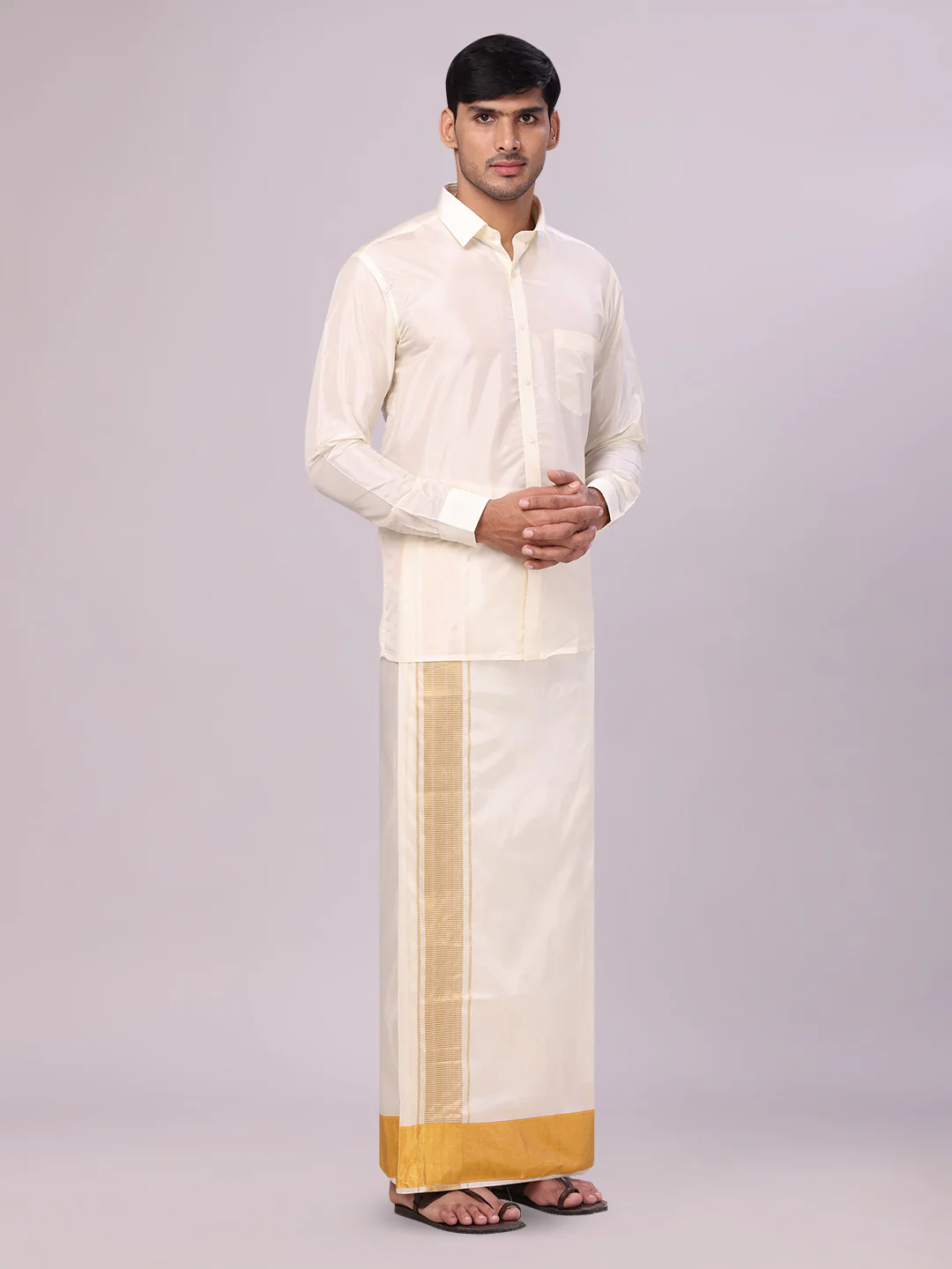 Men's Art Silk Cream Full Sleeves Shirt with 4" Gold Jari Border Dhoti Combo Mangal - Image 2