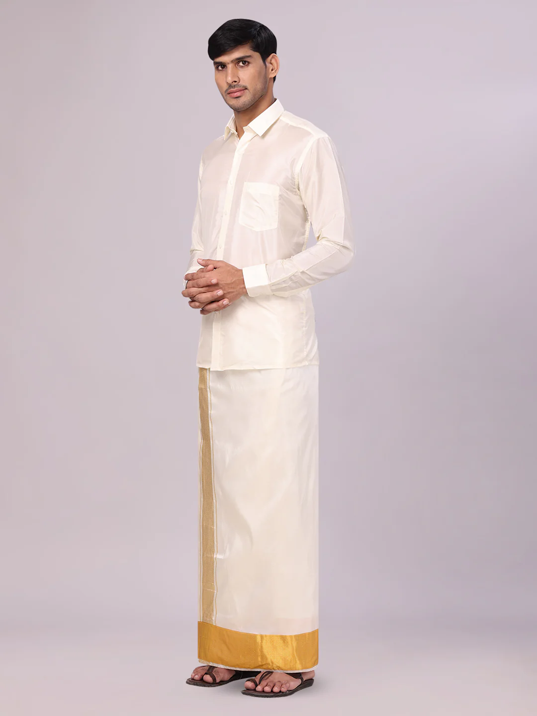Men's Art Silk Cream Full Sleeves Shirt with 4" Gold Jari Border Dhoti Combo Mangal - Image 3