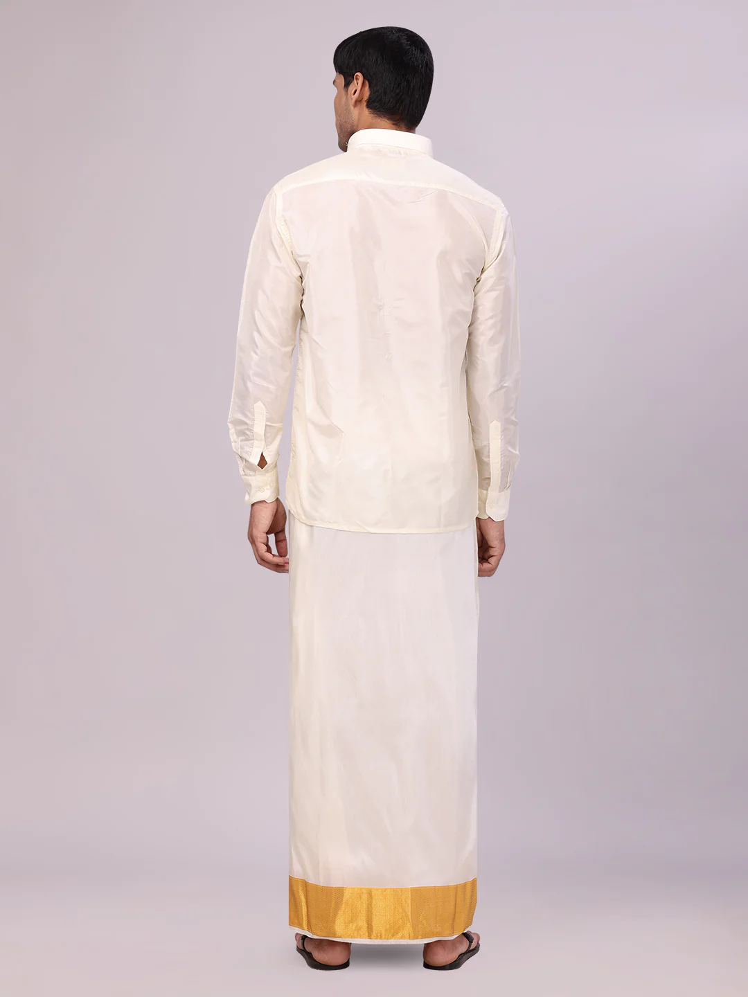 Men's Art Silk Cream Full Sleeves Shirt with 4" Gold Jari Border Dhoti Combo Mangal - Image 4