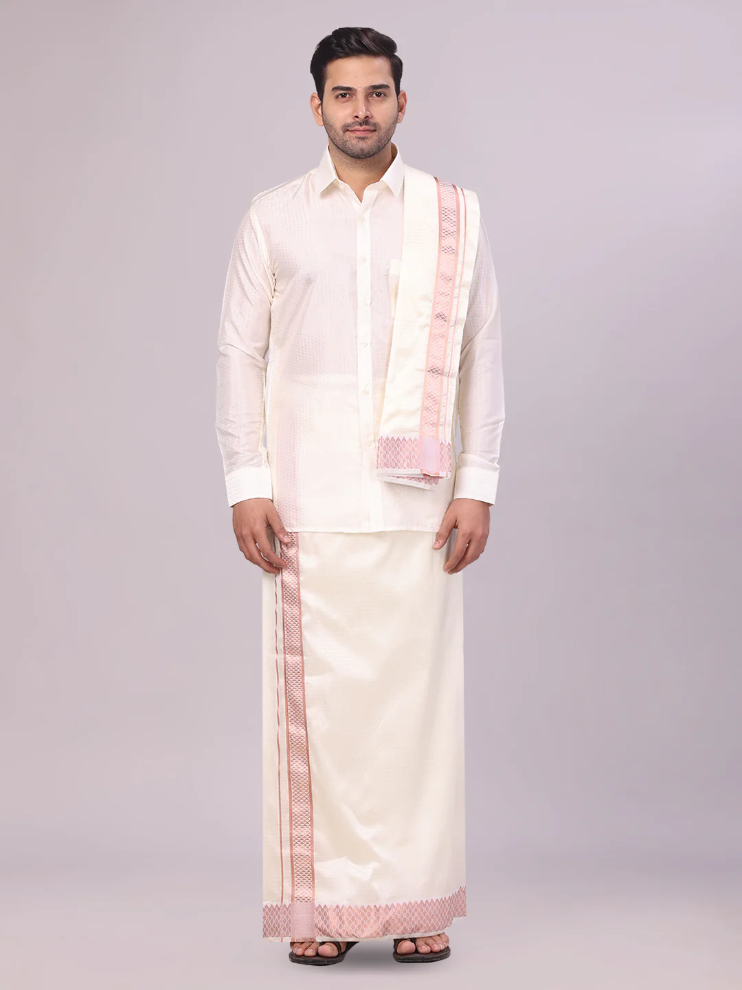 Men's Art Silk Cream Jacquard Full Sleeves Shirt with 2 1/2" Copper Jari Border Dhoti & Towel Combo Nautica
