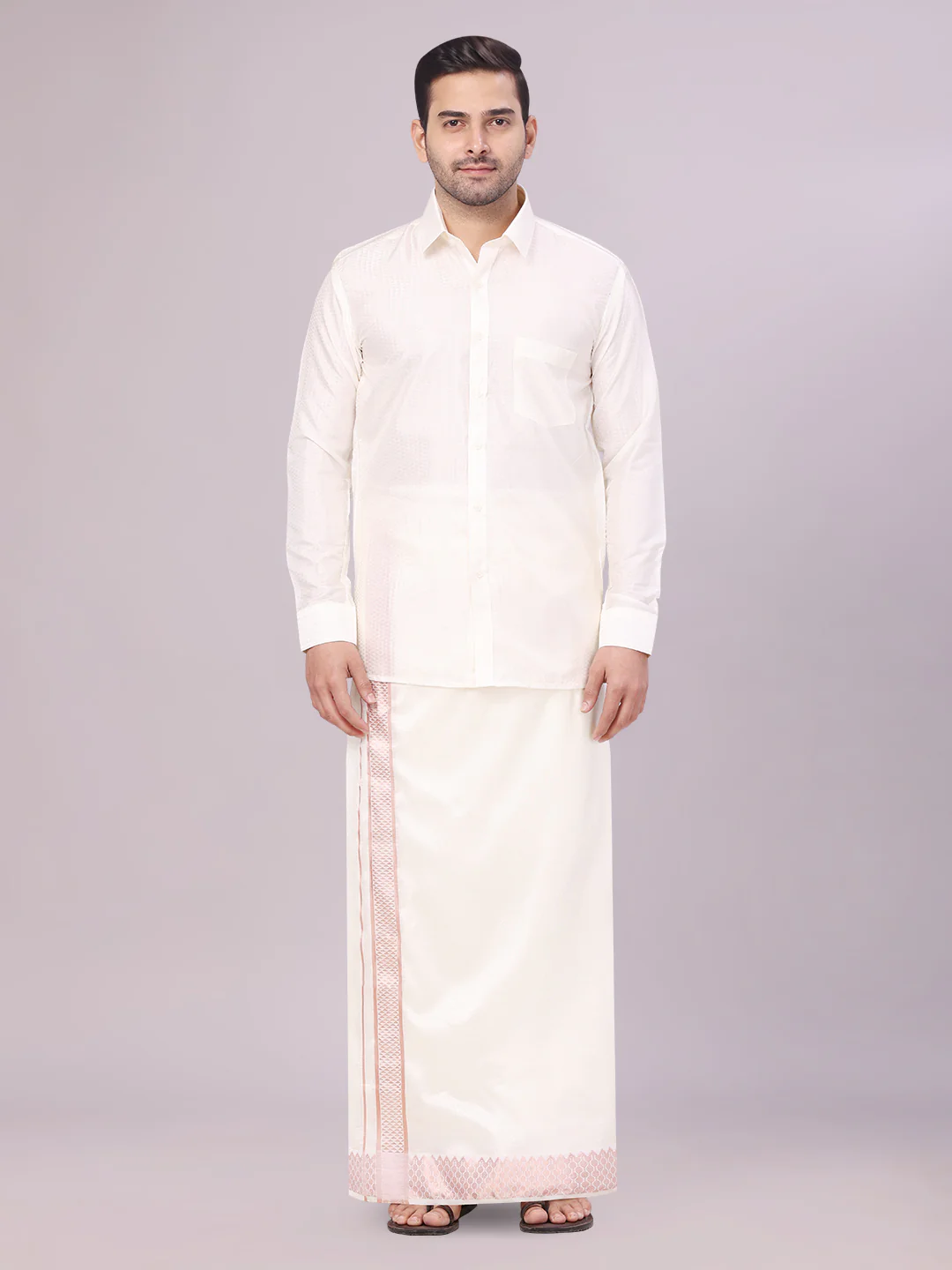 Men's Art Silk Cream Jacquard Full Sleeves Shirt with 2 1/2" Copper Jari Border Dhoti & Towel Combo Nautica - Image 2