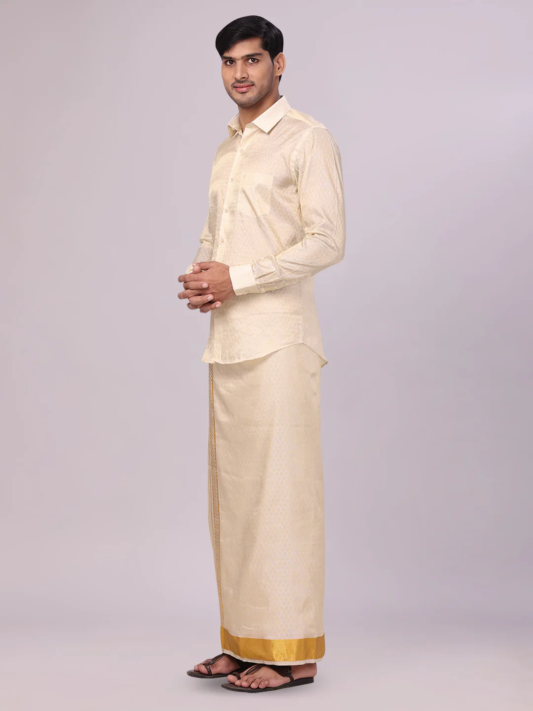 Men's Art Silk Cream Jacquard Full Sleeves Shirt with 2 1/2" Gold Jari Border Dhoti Combo Spruce - Image 3