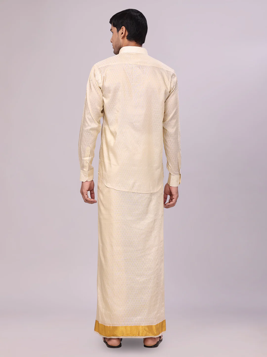 Men's Art Silk Cream Jacquard Full Sleeves Shirt with 2 1/2" Gold Jari Border Dhoti Combo Spruce - Image 4