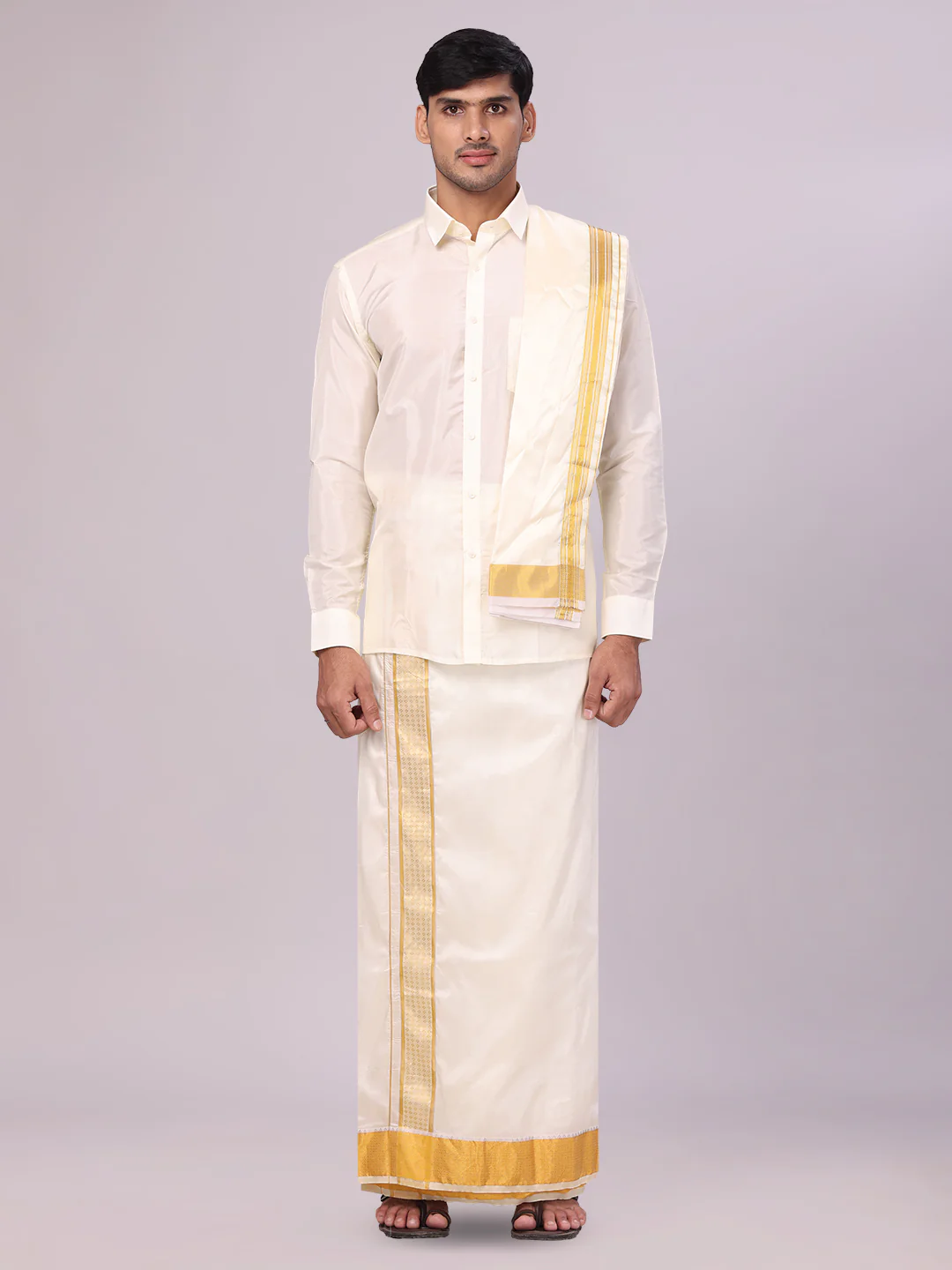 Men's Art Silk Cream Jacquard Full Sleeves Shirt with 3" Gold Jari Border Dhoti & Towel Combo Mangal