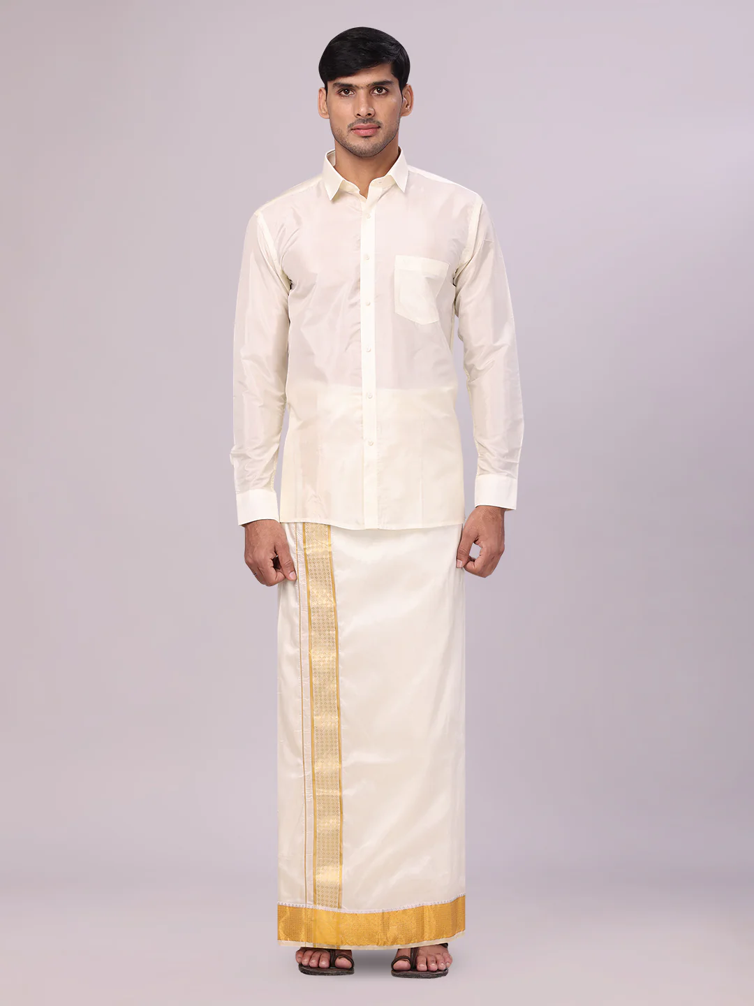 Men's Art Silk Cream Jacquard Full Sleeves Shirt with 3" Gold Jari Border Dhoti & Towel Combo Mangal - Image 2