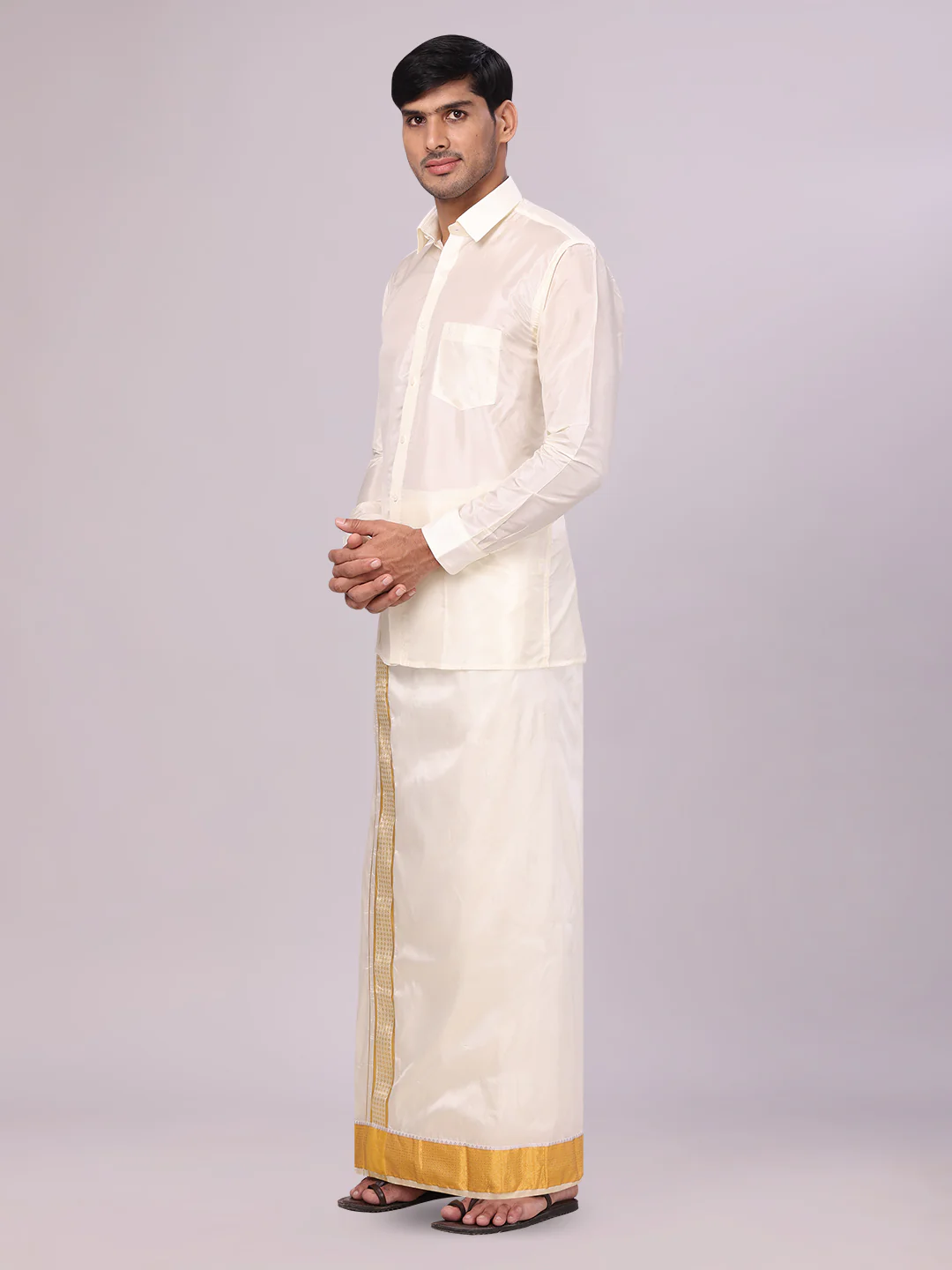Men's Art Silk Cream Jacquard Full Sleeves Shirt with 3" Gold Jari Border Dhoti & Towel Combo Mangal - Image 4