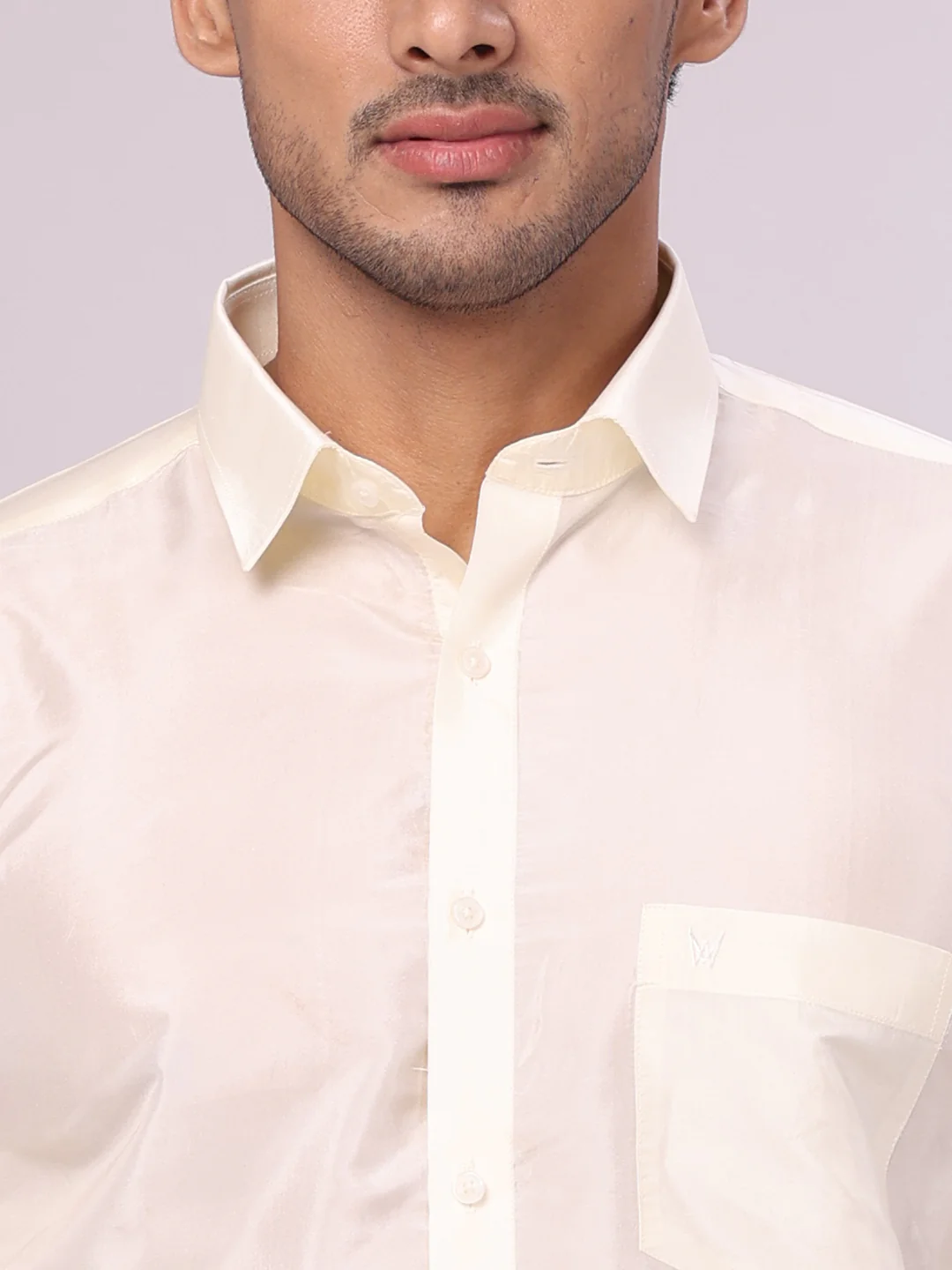 Men's Art Silk Cream Jacquard Full Sleeves Shirt with 3" Gold Jari Border Dhoti & Towel Combo Mangal - Image 7