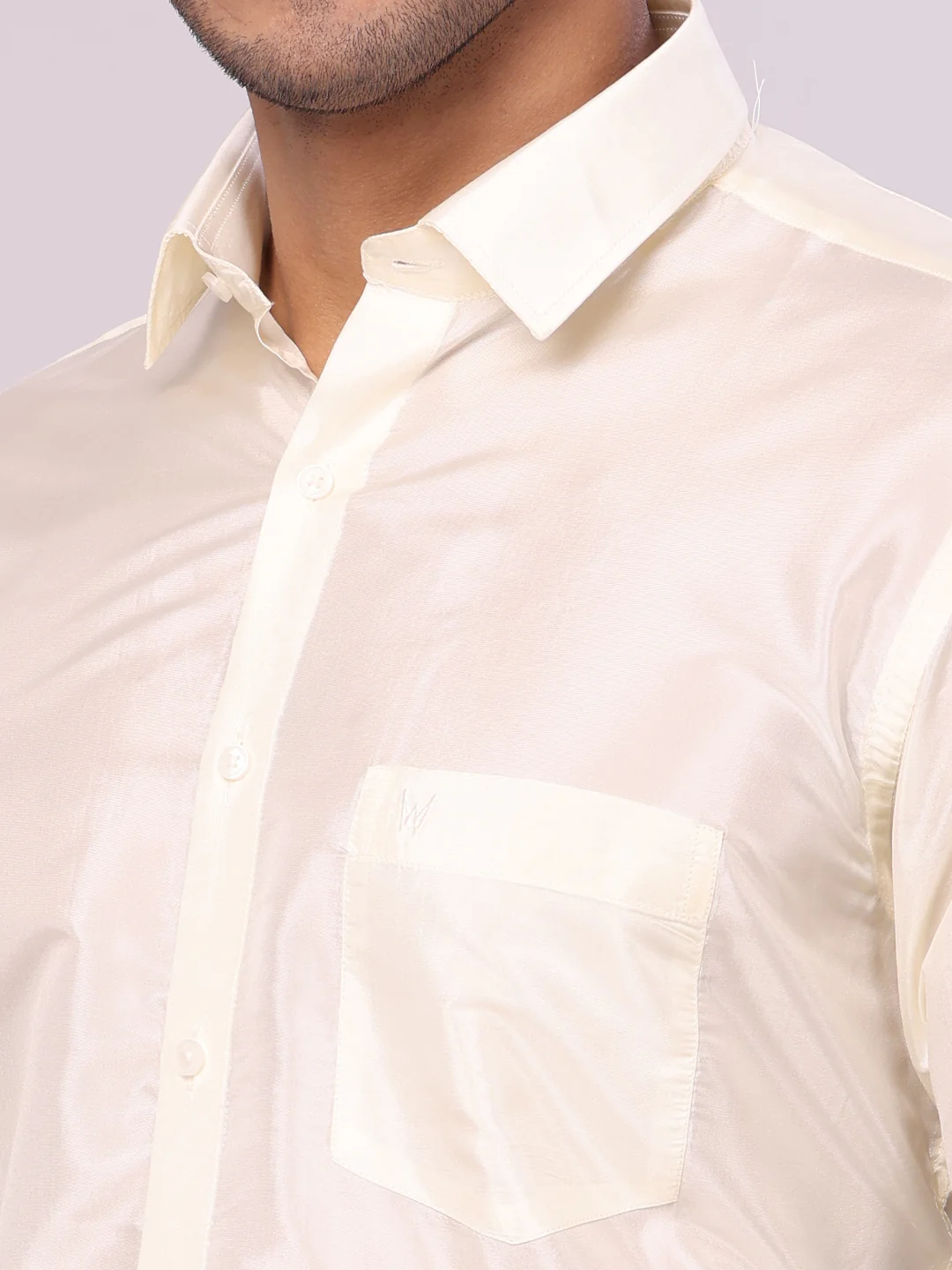 Men's Art Silk Cream Jacquard Full Sleeves Shirt with 4" Gold Jari Border Dhoti & Towel Combo Mangal - Image 7
