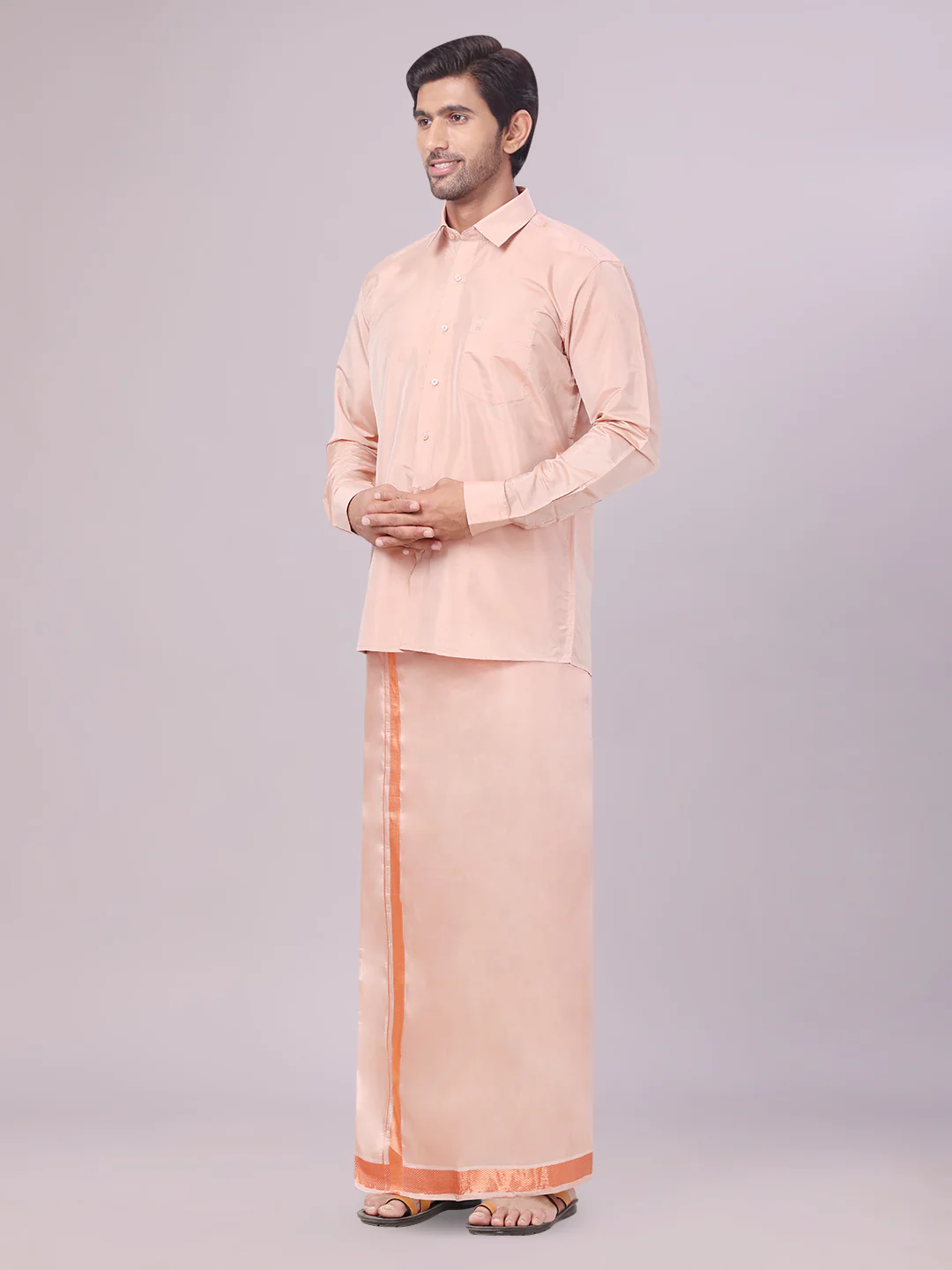 Men's Art Silk Dark Copper Full Sleeves Shirt with Copper Jari Border Dhoti Combo Finesse - Image 2