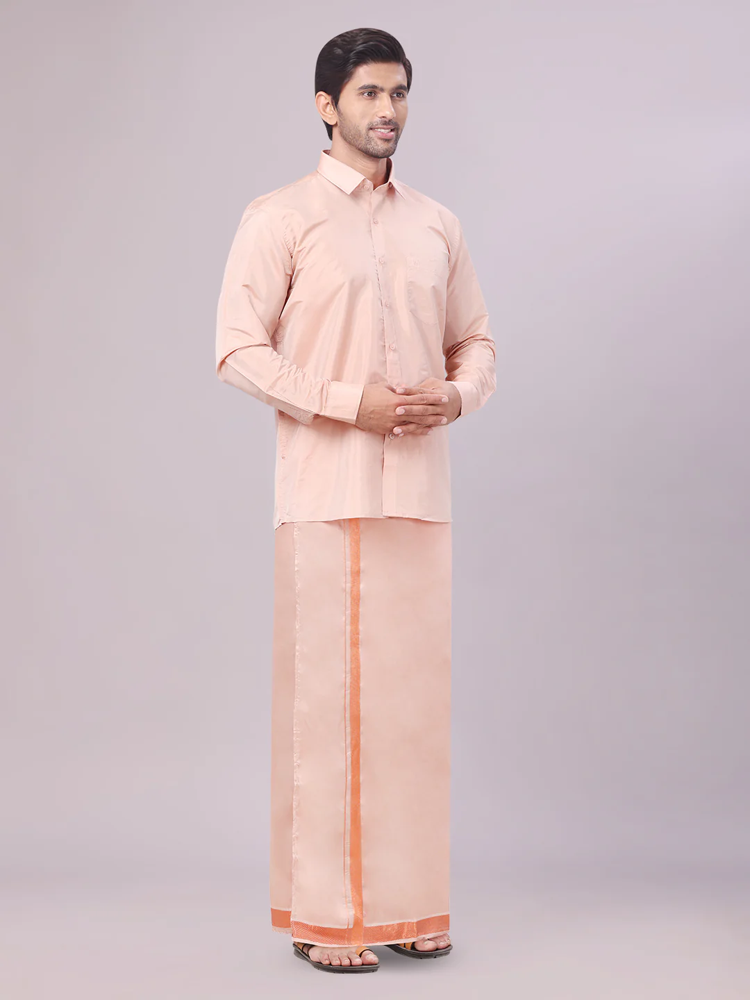 Men's Art Silk Dark Copper Full Sleeves Shirt with Copper Jari Border Flexi Dhoti Combo Finesse - Image 3