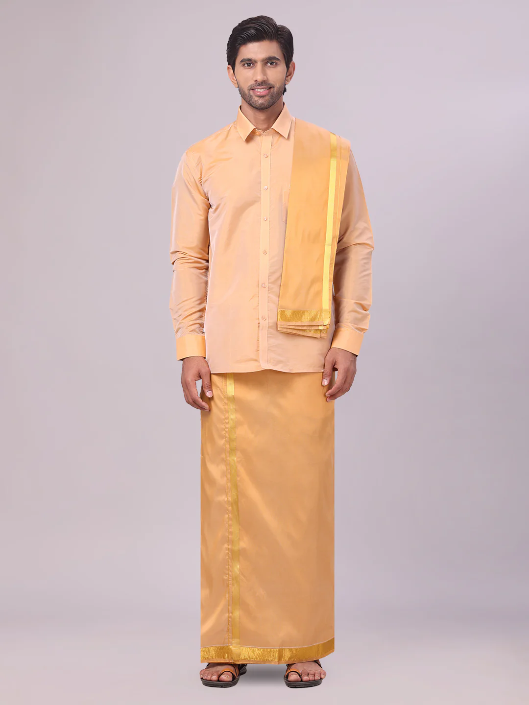 Men's Art Silk Dark Gold Full Sleeves Shirt with Gold Jari Border Flexi Dhoti & Towel Combo Blush