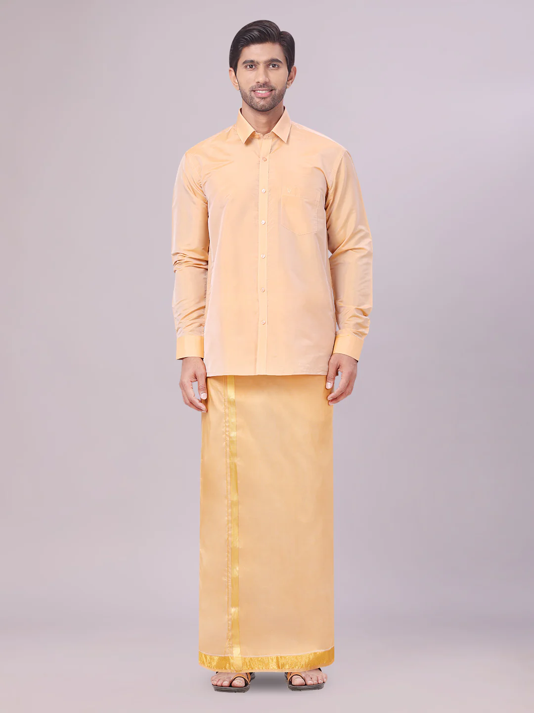 Men's Art Silk Dark Gold Full Sleeves Shirt with Gold Jari Border Flexi Dhoti & Towel Combo Blush - Image 2