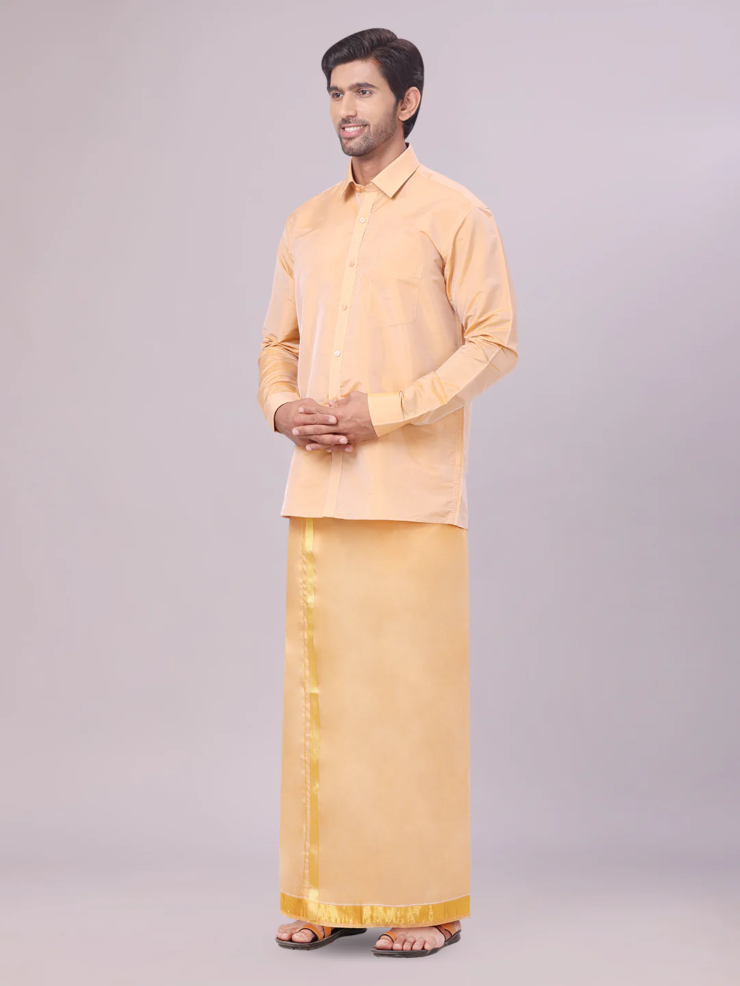 Men's Art Silk Dark Gold Full Sleeves Shirt with Gold Jari Border Flexi Dhoti & Towel Combo Blush - Image 4