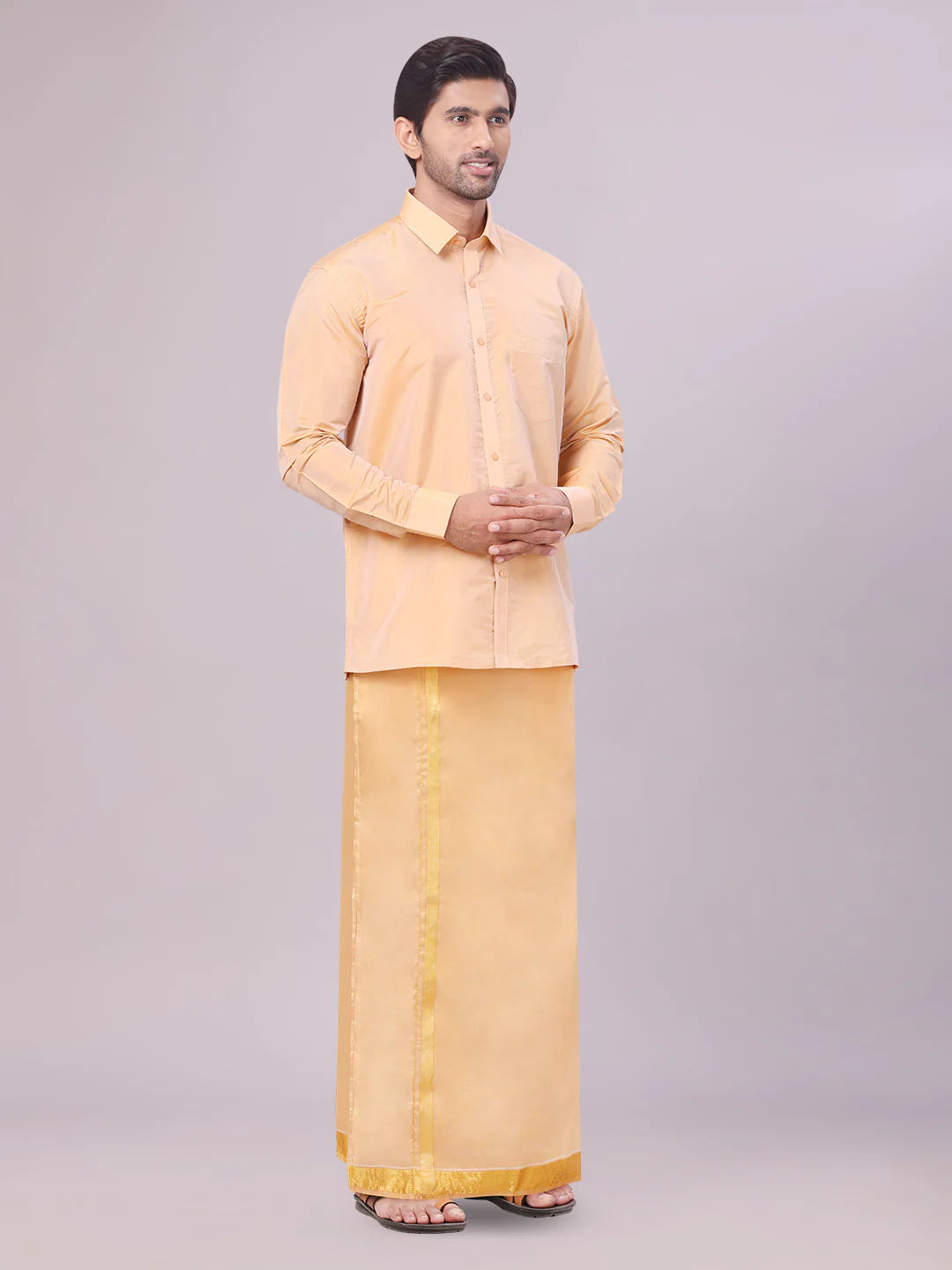 Men's Art Silk Dark Gold Full Sleeves Shirt with Gold Jari Border Flexi Dhoti & Towel Combo Blush - Image 5