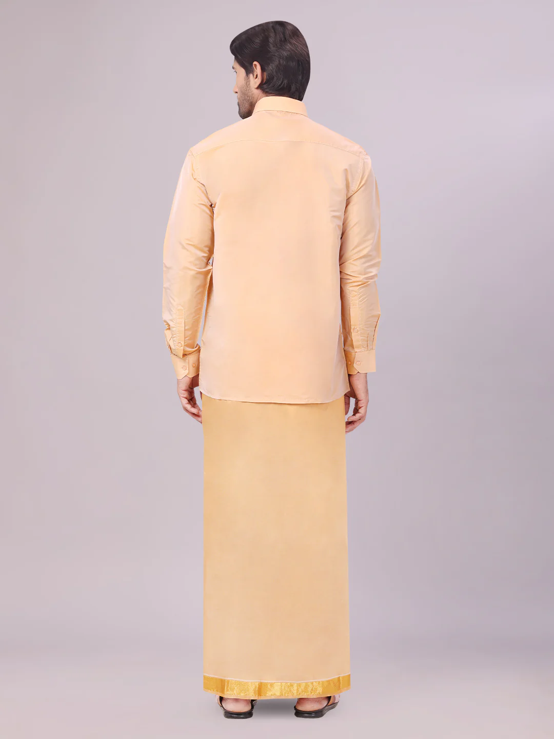 Men's Art Silk Dark Gold Full Sleeves Shirt with Gold Jari Border Flexi Dhoti & Towel Combo Blush - Image 6